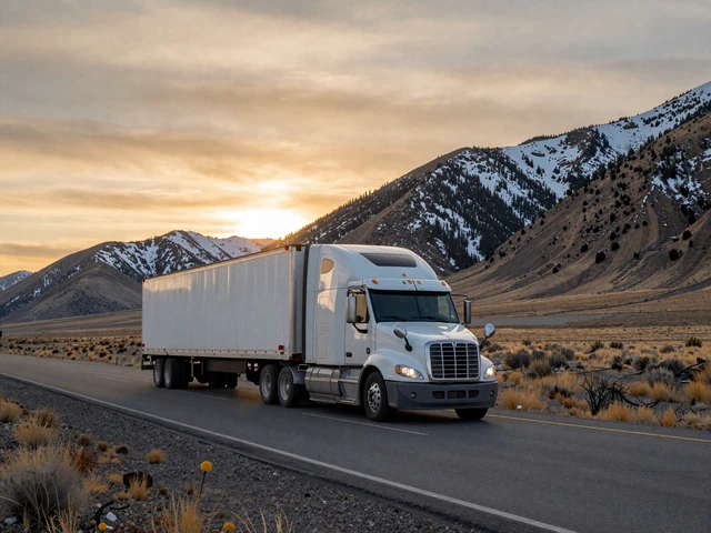 Semi truck on I-80 through Wyoming at sunrise with snow-capped mountains, representing the trucker lifestyle on mountain routes