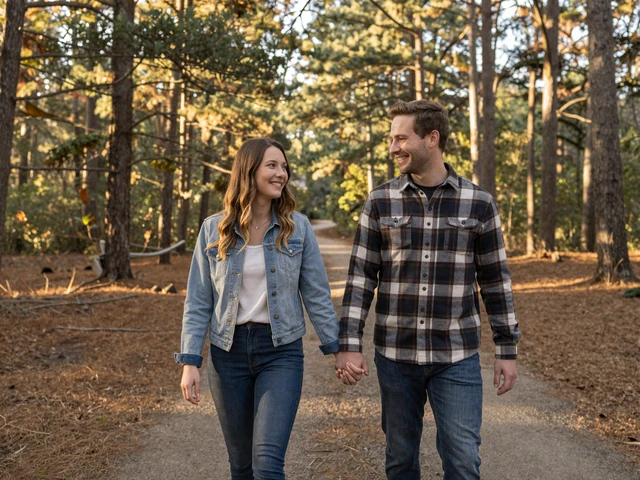 Couple holding hands walking in a Georgia state park, representing trucker dating relationships in the Peach State