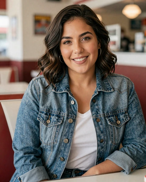 Valeria, a 31-year-old Latina woman in a denim jacket at a Hollywood diner, interested in trucker dating in Los Angeles