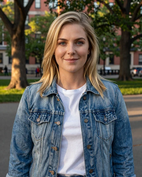 Ashley, a 27-year-old blonde in a denim jacket at a Philadelphia park, interested in dating truckers in Pennsylvania