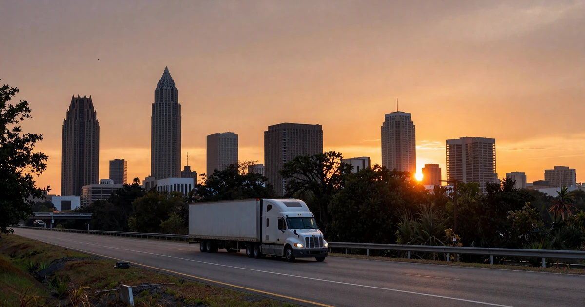 Atlanta skyline at sunset with a semi truck on I-285 for trucker dating Atlanta