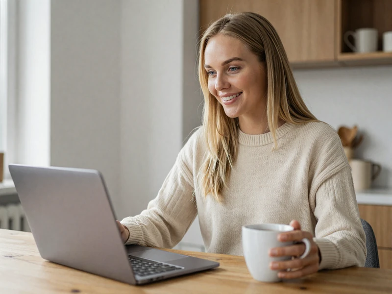 Woman in a cream sweater smiling during a video call on her laptop, representing building trust in a long-distance trucker relationship