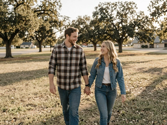 Happy couple walking together at a Texas roadside park, representing successful trucker dating in Texas