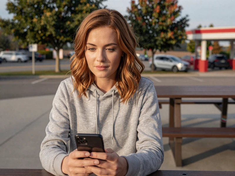A woman in a hoodie looking at her phone at a rest area, illustrating online dating challenges for truck drivers