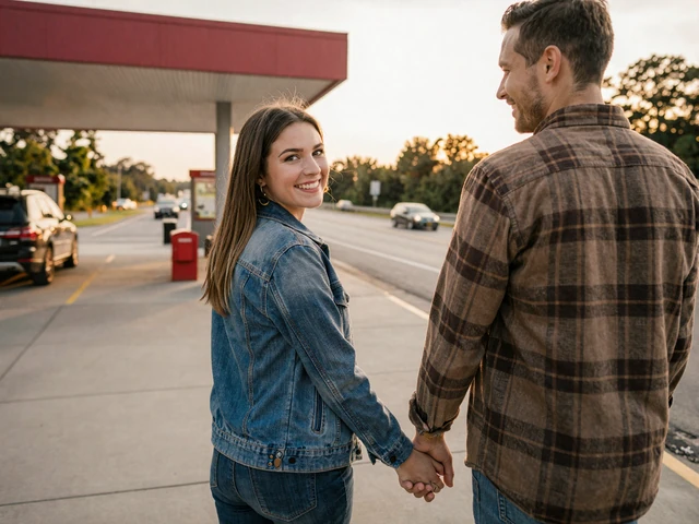 Couple smiling at an Atlanta rest area, representing trucker dating success in the Southeast