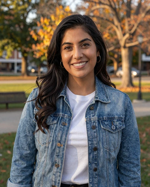 Gabriela, a 27-year-old Latina woman in a denim jacket at a Cincinnati park, seeking trucker dating in Ohio