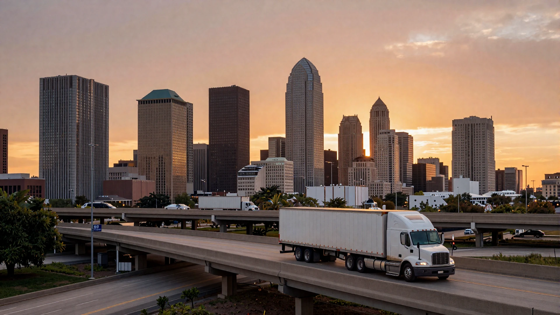 Dallas skyline at sunset with highway interchange for trucker dating Dallas
