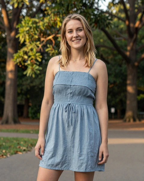 Ashley, a 29-year-old blonde woman in a casual dress at an Atlanta park, looking for trucker dating in Georgia