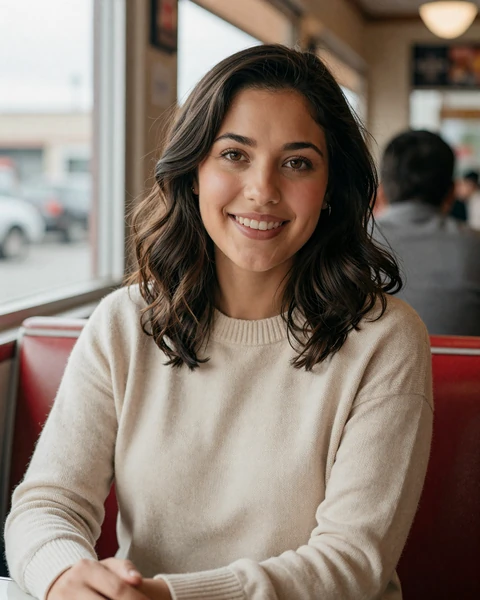 Jessica, a 29-year-old brunette woman in a sweater at a Montrose diner, seeking trucker dating in Houston
