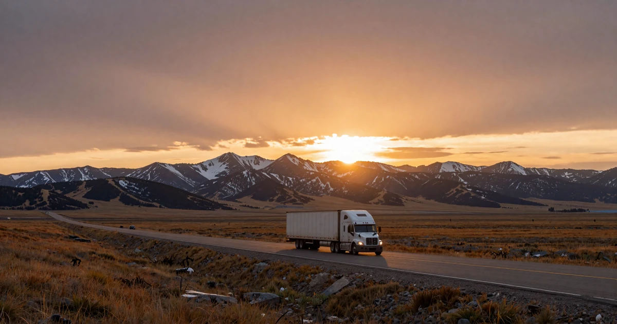 Semi truck driving on I-80 through Wyoming mountains at sunset, representing trucker dating in the Equality State