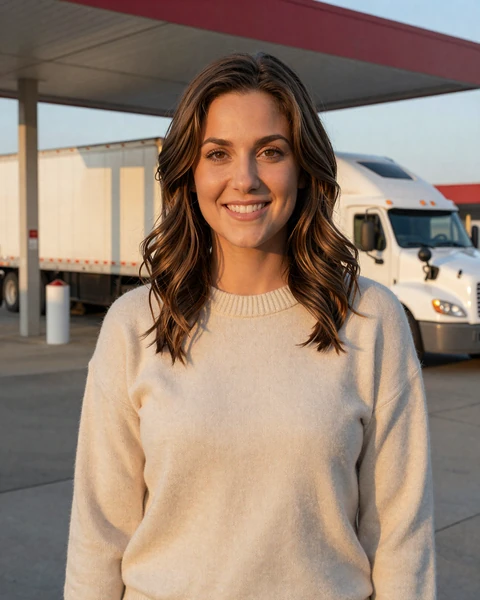 Megan, a 29-year-old woman in a cream sweater at a Texas rest stop, looking for trucker dating in Texas