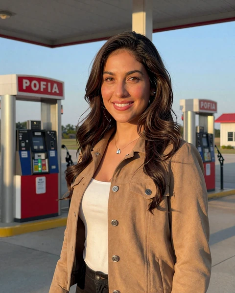 Sofia, a 38-year-old Latina woman in a tan jacket at an Iowa gas station, seeking trucker dating in Iowa