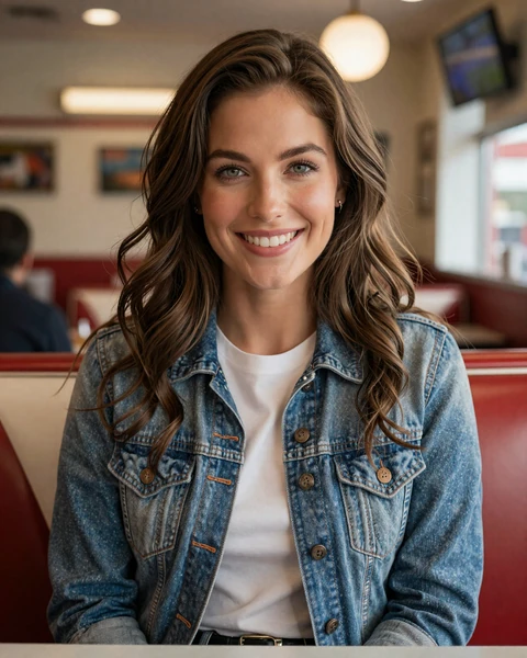 Nicole, a 26-year-old brunette woman in denim at a Tampa diner, seeking trucker dating on Florida Gulf Coast