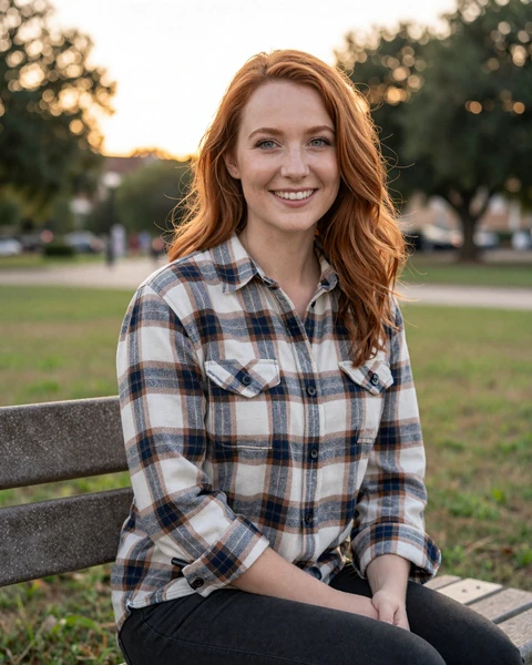 Katelyn, a 28-year-old redhead woman in flannel at Trinity Park Dallas, seeking a trucker dating relationship