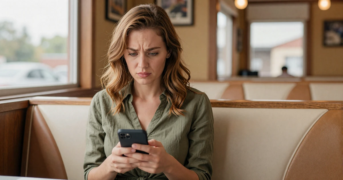 Woman in a casual dress looking frustrated at her phone in a diner booth, illustrating the struggle of trucker dating on traditional apps