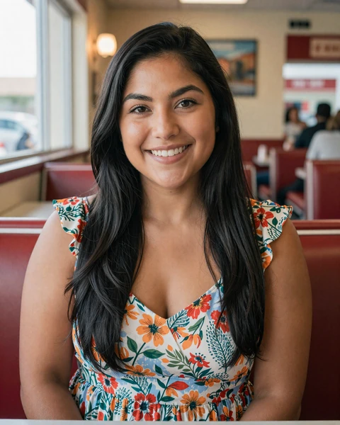 Maria, a 25-year-old Latina woman in a floral dress at a San Diego diner, seeking trucker dating in Southern California