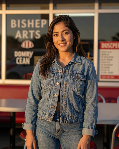 Megan, a 26-year-old brunette woman in denim at a Bishop Arts diner, interested in trucker dating in Dallas