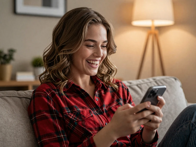 A woman in a flannel shirt laughing while looking at her phone, representing creative communication in a trucker relationship