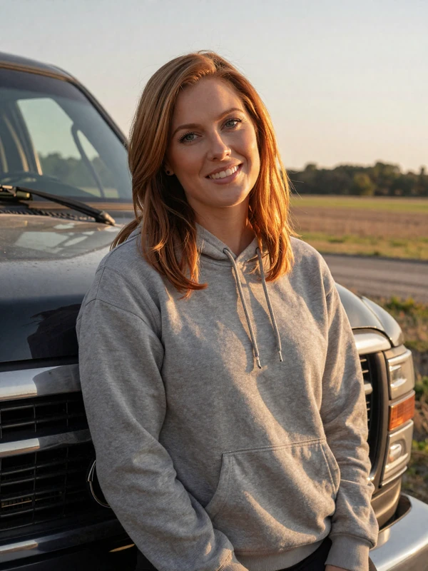 Woman in a gray hoodie smiling warmly while leaning against a pickup truck at golden hour, representing connection through trucker dating