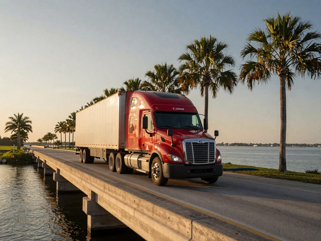 Modern semi-truck driving over a Florida bridge at sunrise, representing the I-95 and I-75 trucker lifestyle