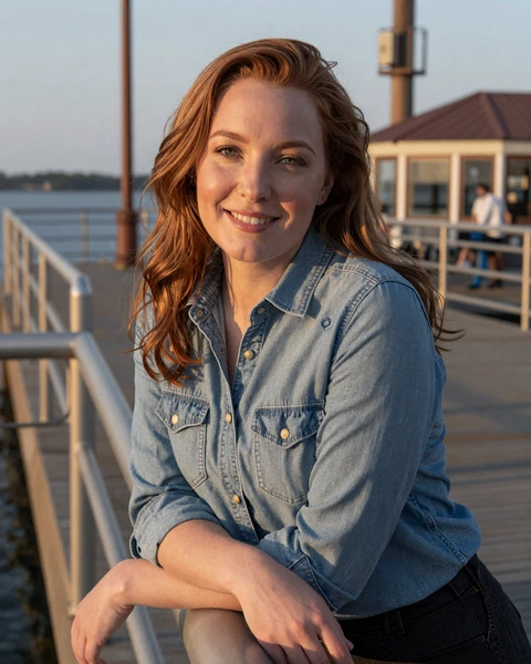 Danielle, a 28-year-old redhead woman in denim at a Navy Pier overlook, seeking a trucker dating relationship in Chicago