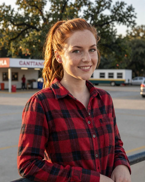 Rachel, a 28-year-old redhead woman in a flannel shirt at a San Antonio rest area, seeking trucker dating in Texas