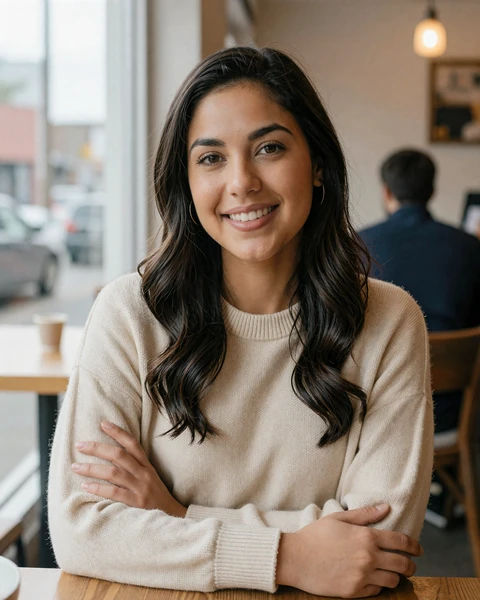 Isabella, a 29-year-old Latina woman in a cream sweater at a Harrisburg cafe, looking for Pennsylvania trucker dating