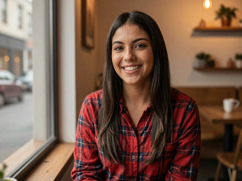 Woman in a flannel shirt laughing genuinely in a coffee shop, representing the warmth of niche trucker dating connections