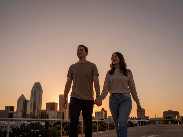 Couple walking together at a Dallas sunset overlook, representing trucker dating success in Texas